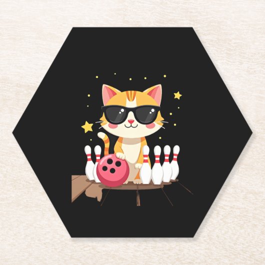 Cute Cat With Sunglasses Cat Playing Bowling For m ペーパーコースター (正面)