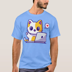 Cute Cat Working On Laptop Cartoon3 Tシャツ