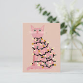 Cute Cat Wrapped in Xmas Lights Funny Christmas  ポストカード (スタンド正面)