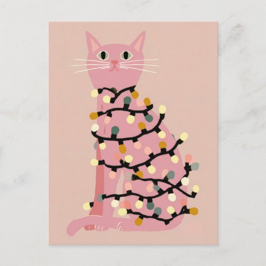 Cute Cat Wrapped in Xmas Lights Funny Christmas  ポストカード (正面)