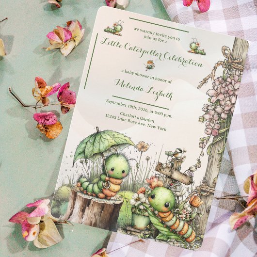 Cute Caterpillar Garden Baby Shower Invitation 招待状
