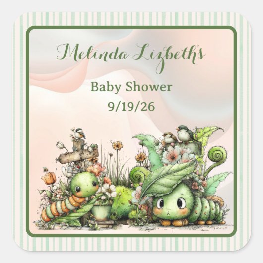 Cute Caterpillar Garden Baby Shower Party スクエアシール (正面)