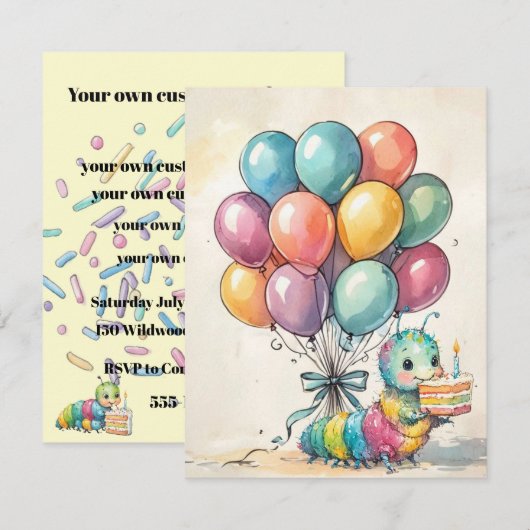 Cute Caterpillar Party DIGITAL DOWNLOAD INVITATION 招待状 (正面/裏面)
