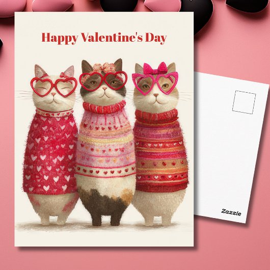 Cute Cats Hearts Pullover Valentine`s Day Card  ポストカード
