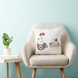Cute Cats in Cups with Heart Balloons クッション