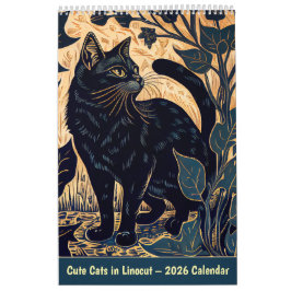 Cute Cats in Linocut – 2026 Calendar カレンダー