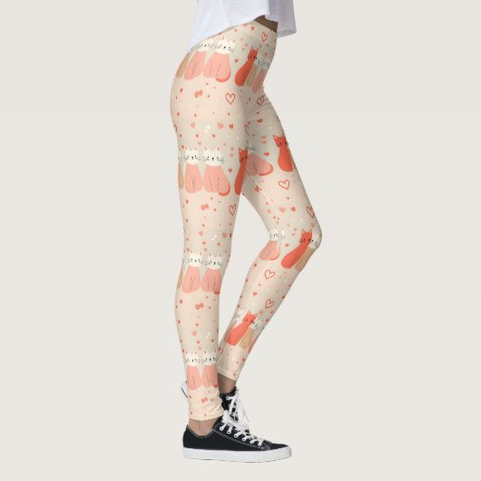 Cute Cats Love Valentine Hearts Pattern Coral Pink レギンス (右)
