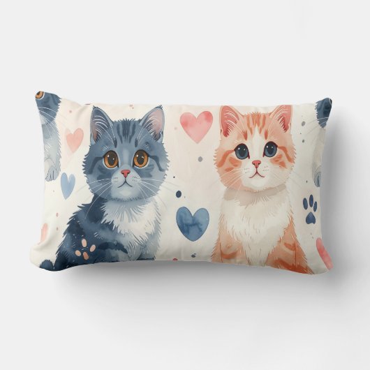Cute Cats Mug & Pillow - Watercolor Playful Kitten ランバークッション (正面)