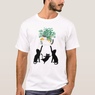 Cute Cats Playing with Plants Silhouette Design Tシャツ