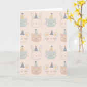 Cute Cats Rabbits and Bears Faces Pastel Pattern カード (黄色い花)