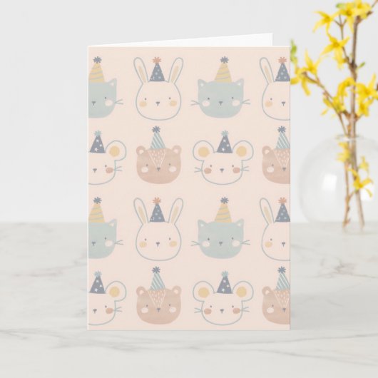 Cute Cats Rabbits and Bears Faces Pastel Pattern カード (黄色い花)