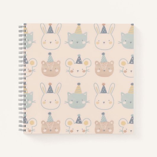 Cute Cats Rabbits and Bears Faces Pastel Pattern ノートブック (正面)