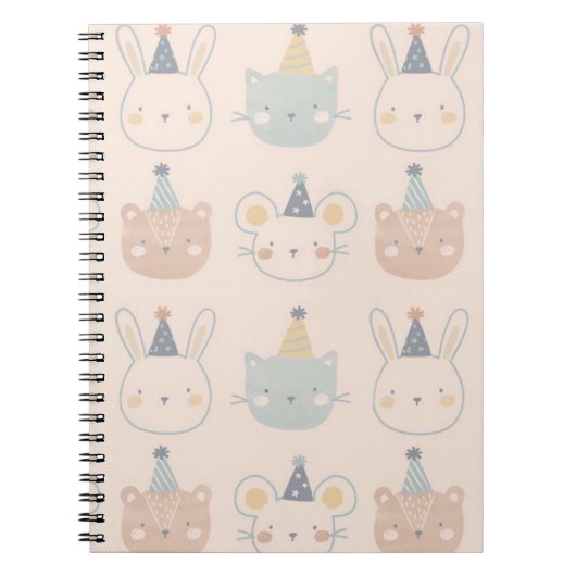 Cute Cats Rabbits and Bears Faces Pastel Pattern ノートブック (正面)