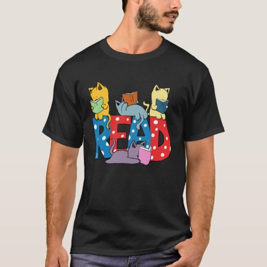 cute cats reading books librarian teacher graphic tシャツ (正面)