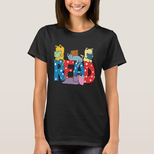 cute cats reading books librarian teacher graphic tシャツ (正面)