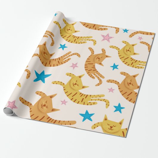 Cute cats seamless pattern with stars funny drawin ラッピングペーパー (アンロールド)