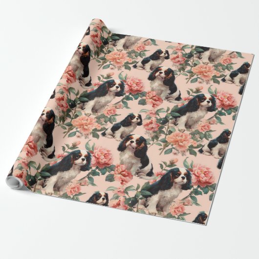 Cute Cavalier King Charles Floral Pattern ラッピングペーパー (アンロールド)