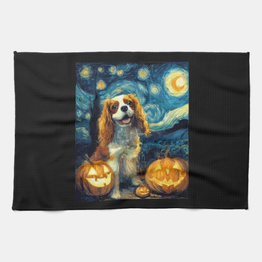 Cute Cavalier King Charles Spaniel Dog Halloween J キッチンタオル (横)