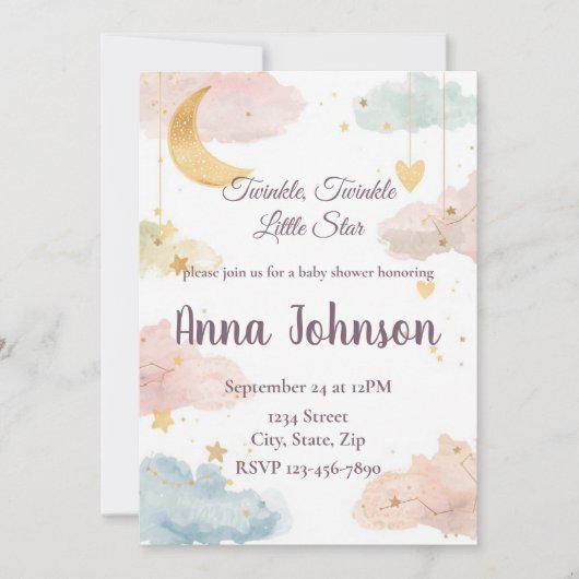 Cute Celestial Baby Shower Invitation | Watercolor 招待状 (正面)