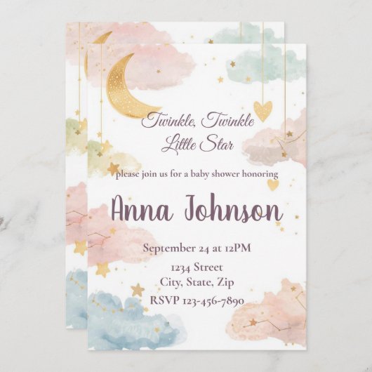 Cute Celestial Baby Shower Invitation | Watercolor 招待状 (正面/裏面)