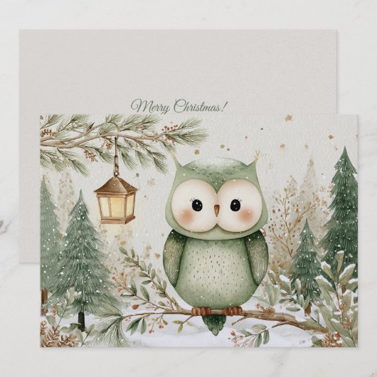 Cute charming owl Christmas シーズンカード (正面/裏面)