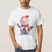 Cute Cheerful Snowman Wearing Santa Hat and Scarf Tシャツ (正面)