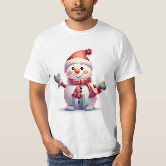 Cute Cheerful Snowman Wearing Santa Hat and Scarf Tシャツ (正面)