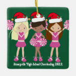 Cute Cheerleading Squad Custom Green Christmas セラミックオーナメント<br><div class="desc">Customize these cute cheerleading squad ornaments with your high school name or other personalized text under the 3 cheerleader girls. A blonde,  African American,  and brunette teen wearing Santa Claus hats with a pink cheer uniform and pretty pom poms on a festive green background.</div>