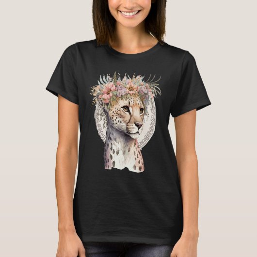Cute Cheetah Flower Crown Boho Aesthetic Tシャツ (正面)