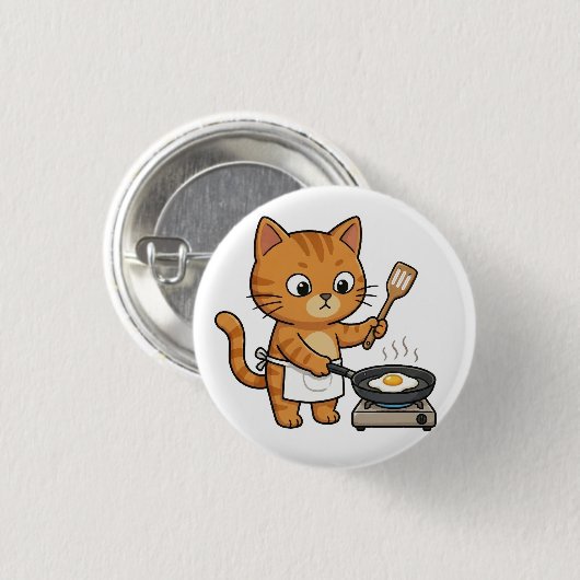 Cute Chef Cat Frying Egg Button 缶バッジ (正面&裏面)
