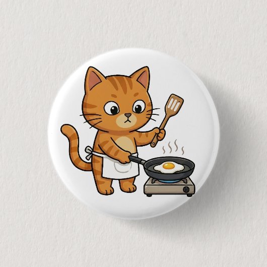Cute Chef Cat Frying Egg Button 缶バッジ (正面)