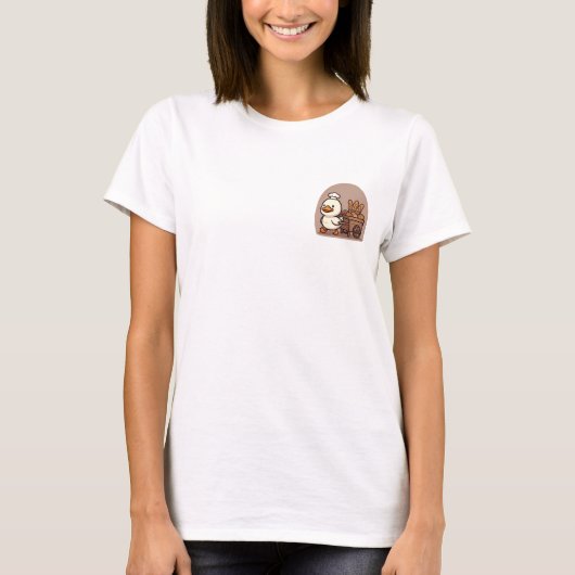 Cute Chef Duck Pulling Wooden Bread Cart Illustrat Tシャツ (正面)