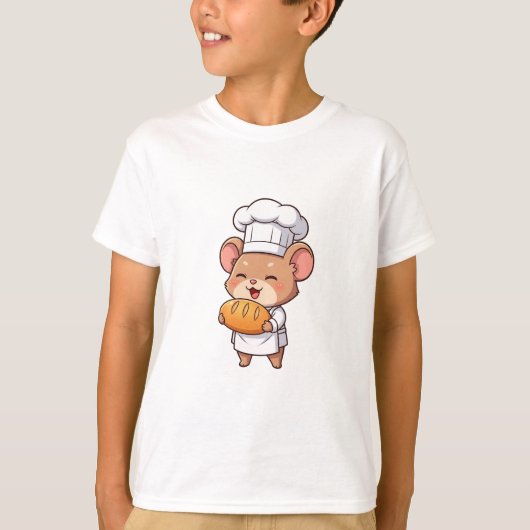 Cute Chef Mouse Holding Fresh Bread Kids Tシャツ (正面)
