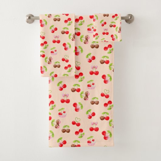 Cute Cherry and Bow Pattern Sweet Aesthetic  バスタオルセット (インサイチュ)