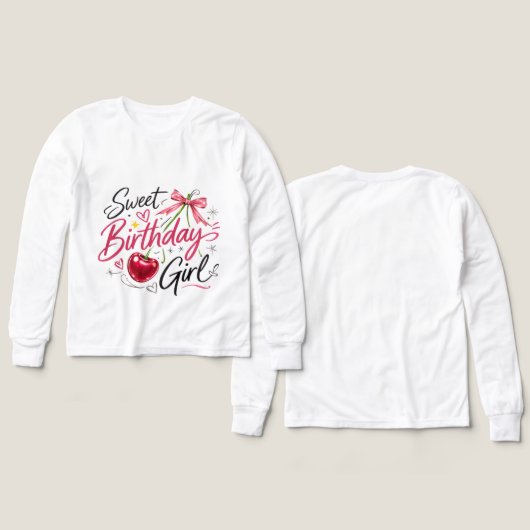 Cute Cherry & Bow Graphic Birthday Tee for Girls (デザイン 正面＆背面)