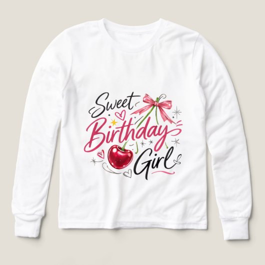 Cute Cherry & Bow Graphic Birthday Tee for Girls (デザイン正面)
