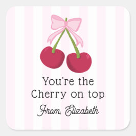 Cute Cherry Bow Pink Stripes Coquette Aesthetic スクエアシール