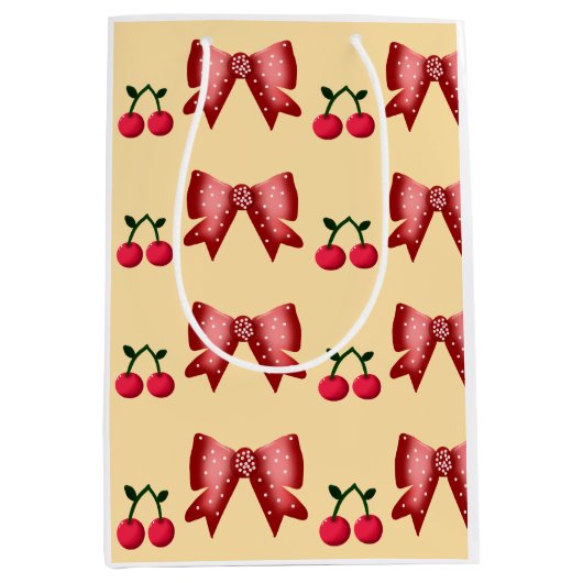 Cute Cherry Bow Seamless Pattern Pink Aesthetic Ka ミディアムペーパーバッグ (正面)