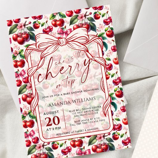 Cute Cherry Bow Themed Baby Shower Invitation 招待状