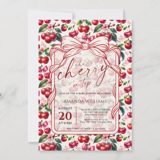 Cute Cherry Bow Themed Baby Shower Invitation 招待状 (正面)