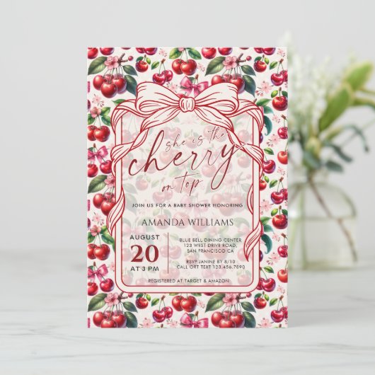 Cute Cherry Bow Themed Baby Shower Invitation 招待状 (スタンド正面)