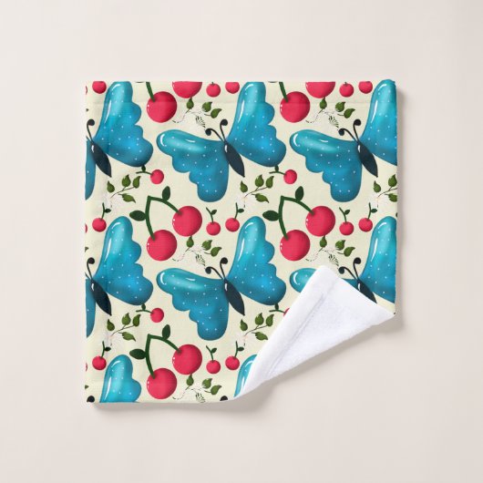 Cute Cherry Butterfly Pattern, Glossy Kawaii Fruit ウォッシュタオル (ウォッシュタオル)