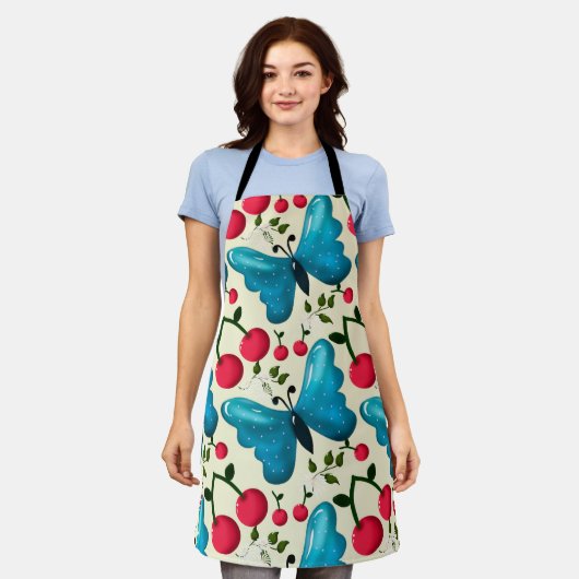 Cute Cherry Butterfly Pattern, Glossy Kawaii Fruit エプロン (着用した状態)