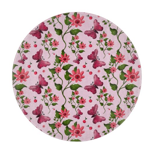 Cute Cherry Butterfly Pattern, Glossy Kawaii Fruit カッティングボード (正面)