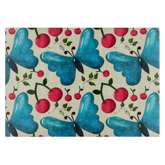 Cute Cherry Butterfly Pattern, Glossy Kawaii Fruit カッティングボード (正面)