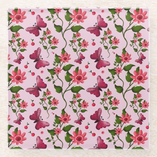 Cute Cherry Butterfly Pattern, Glossy Kawaii Fruit ガラスコースター (正面)