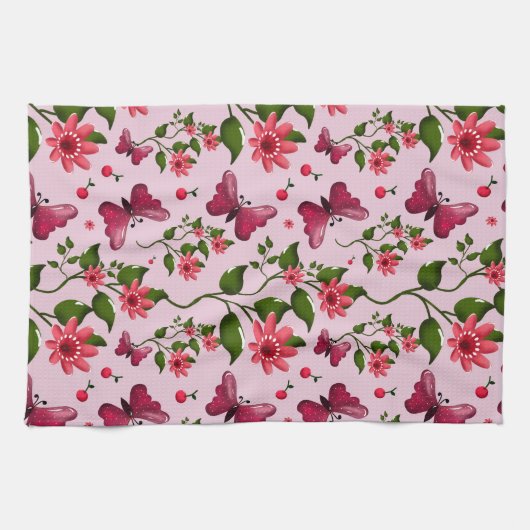 Cute Cherry Butterfly Pattern, Glossy Kawaii Fruit キッチンタオル (横)