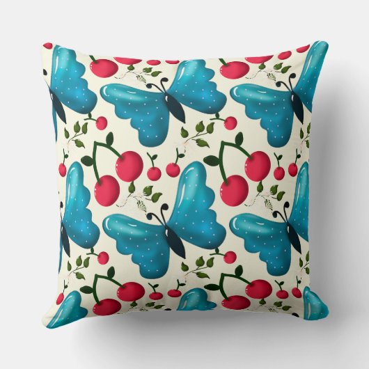 Cute Cherry Butterfly Pattern, Glossy Kawaii Fruit クッション (裏面)