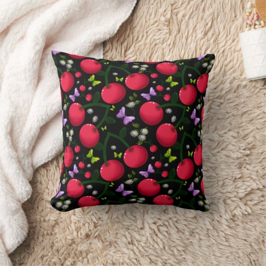 Cute Cherry Butterfly Pattern, Glossy Kawaii Fruit クッション (ブランケット)