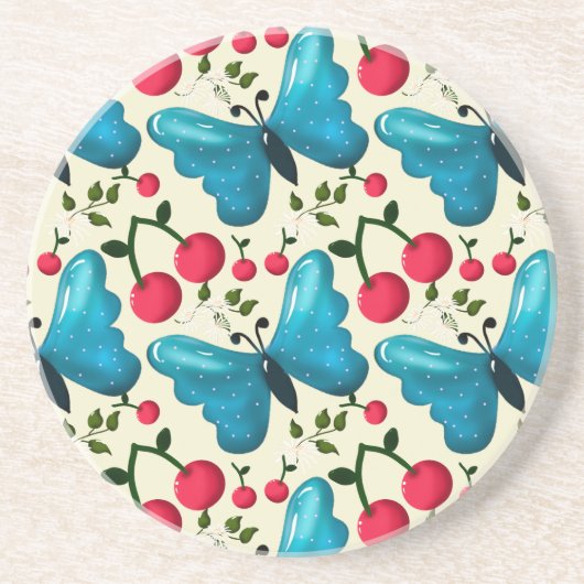 Cute Cherry Butterfly Pattern, Glossy Kawaii Fruit コースター (正面)